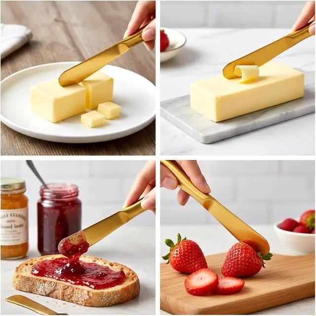 Alt view image 7 of 7 - Butter Spreader Knives 2 Packs Gold Butter Knives Stainless Steel Cheese and Butters Knive Set Blunt Edge Spreader for Cheese Cream Jam Spreading