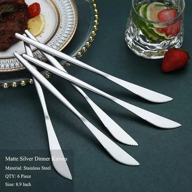 Alt view image 2 of 7 - HOMQUEN Dinner Knives 6 Piece, Stainless Steel Matt Silver Dinner Knife, Sturdy butter knife, Modern Design butter knives, Dishwasher Safe (Matt Silver-8.9 Inch)