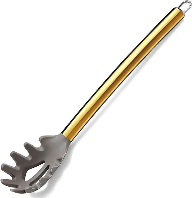 Main image of Gold Spaghetti Spoon, Berglander Non-stick Silicone Pasta Server With Titanium Gold Plating Handle, Spaghetti Server For Cooking, Pasta Fork, Noddle Fork, Dishwasher Safe, Easy to Clean