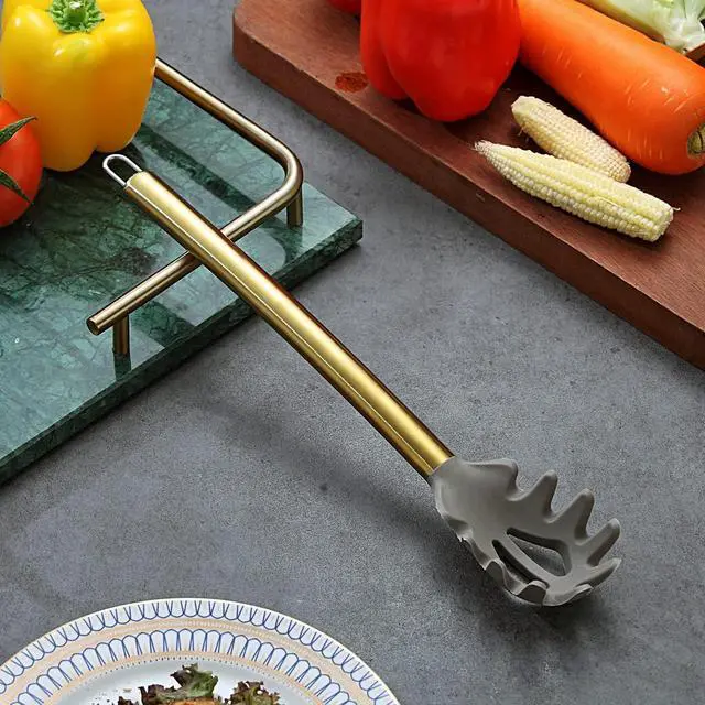 Alt view image 3 of 7 - Gold Spaghetti Spoon, Berglander Non-stick Silicone Pasta Server With Titanium Gold Plating Handle, Spaghetti Server For Cooking, Pasta Fork, Noddle Fork, Dishwasher Safe, Easy to Clean