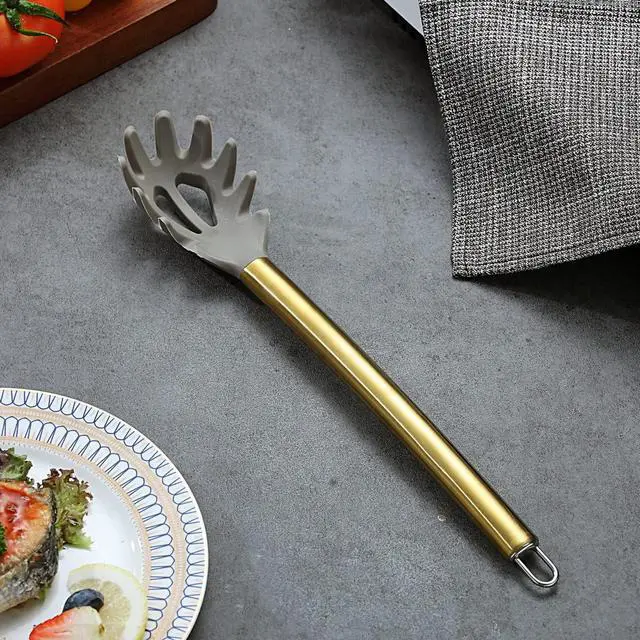 Alt view image 2 of 7 - Gold Spaghetti Spoon, Berglander Non-stick Silicone Pasta Server With Titanium Gold Plating Handle, Spaghetti Server For Cooking, Pasta Fork, Noddle Fork, Dishwasher Safe, Easy to Clean