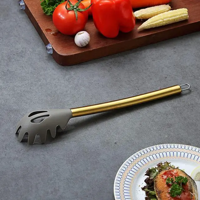 Alt view image 4 of 7 - Gold Spaghetti Spoon, Berglander Non-stick Silicone Pasta Server With Titanium Gold Plating Handle, Spaghetti Server For Cooking, Pasta Fork, Noddle Fork, Dishwasher Safe, Easy to Clean