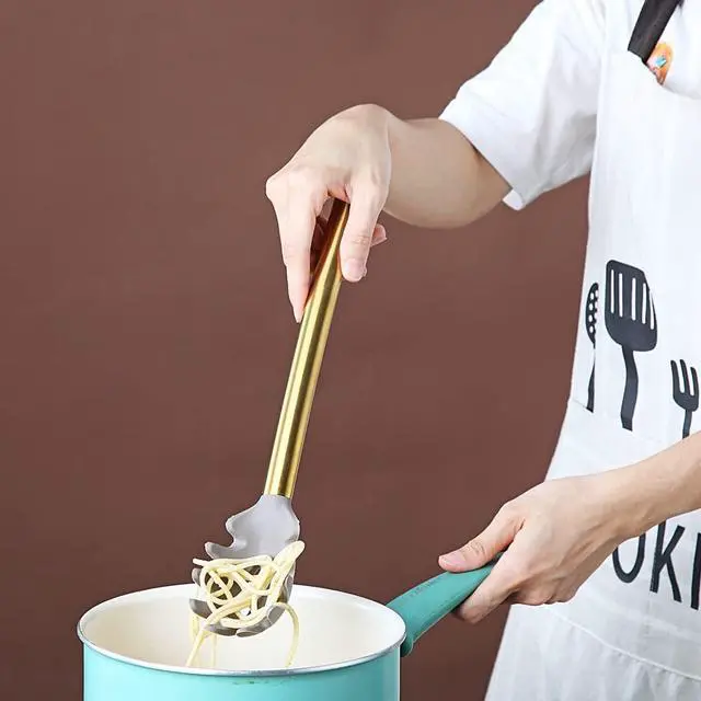 Alt view image 7 of 7 - Gold Spaghetti Spoon, Berglander Non-stick Silicone Pasta Server With Titanium Gold Plating Handle, Spaghetti Server For Cooking, Pasta Fork, Noddle Fork, Dishwasher Safe, Easy to Clean