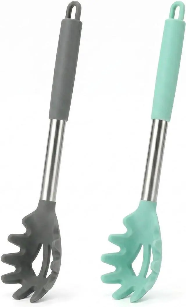 Main image of Silicone Pasta Fork (13.2"), 2-Pack Stainless Steel Handle Spaghetti Server Spoons Heat Resistant 600°F, Food Grade Metal Pasta Spoon, BPA Free, Noodle Spoon.