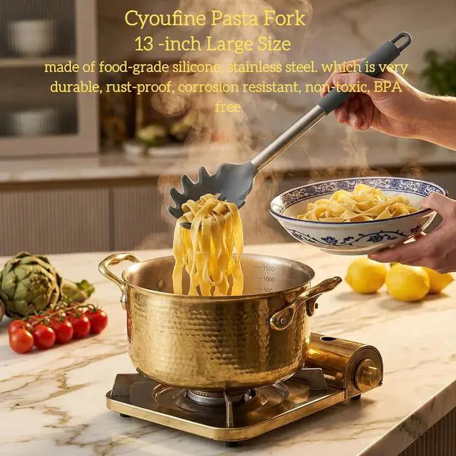 Alt view image 2 of 5 - Silicone Pasta Fork (13.2"), 2-Pack Stainless Steel Handle Spaghetti Server Spoons Heat Resistant 600°F, Food Grade Metal Pasta Spoon, BPA Free, Noodle Spoon.