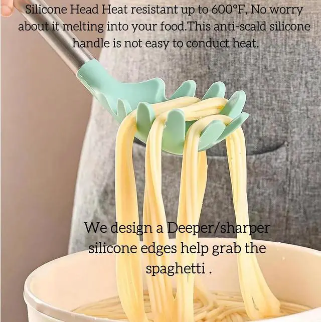Alt view image 3 of 5 - Silicone Pasta Fork (13.2"), 2-Pack Stainless Steel Handle Spaghetti Server Spoons Heat Resistant 600°F, Food Grade Metal Pasta Spoon, BPA Free, Noodle Spoon.