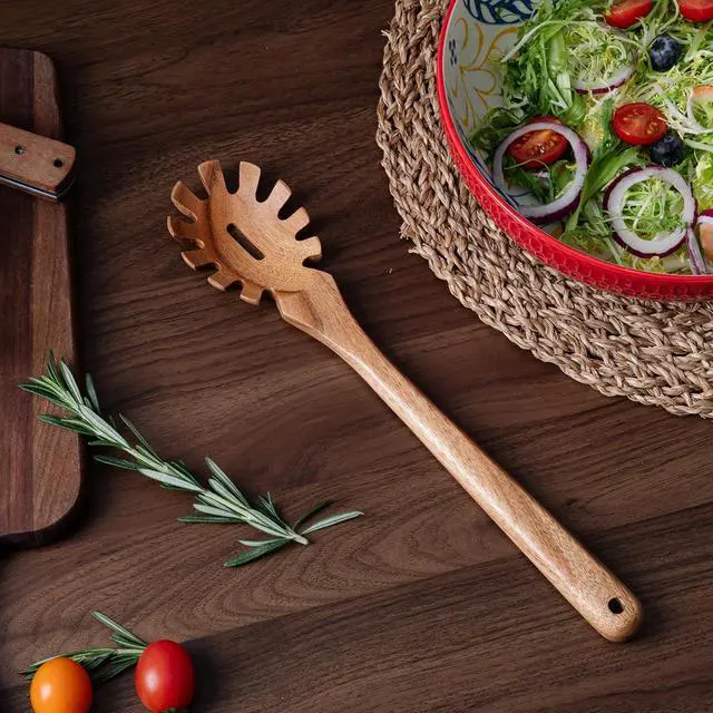 Alt view image 5 of 7 - LEHAHA Wooden Pasta Spoon with Teeth Spaghetti Fork Tongs 13'' Pasta Forks Serving Utensils Acacia Wood Spaghetti Server Spoons Ladle Pastas Spatula Kitchen Tool Spaghettis Scoop Strainer Noodle Spoon