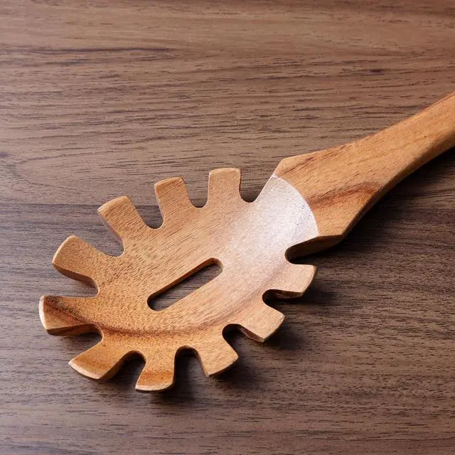 Alt view image 6 of 7 - LEHAHA Wooden Pasta Spoon with Teeth Spaghetti Fork Tongs 13'' Pasta Forks Serving Utensils Acacia Wood Spaghetti Server Spoons Ladle Pastas Spatula Kitchen Tool Spaghettis Scoop Strainer Noodle Spoon