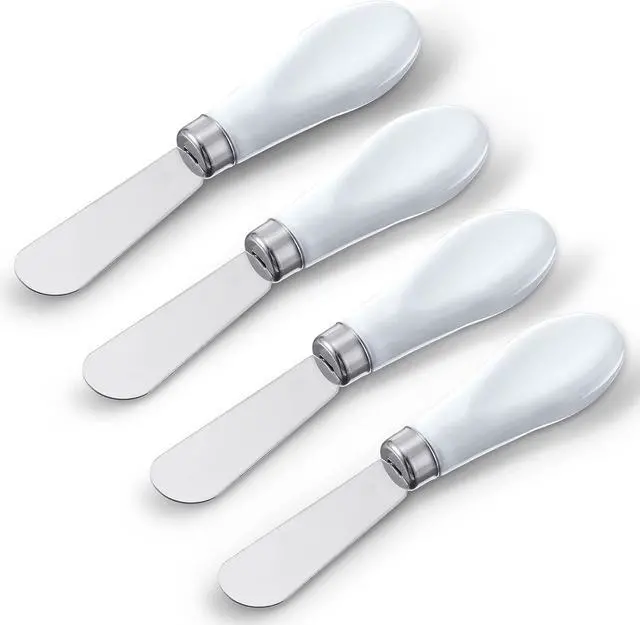 Main image of Mixweer 4 Pcs Butter Knife Stainless Steel Butter Spreader Knife with White Porcelain Handle Wide Blade Cheese Spreader for Kitchen Use, 5.1 Inch
