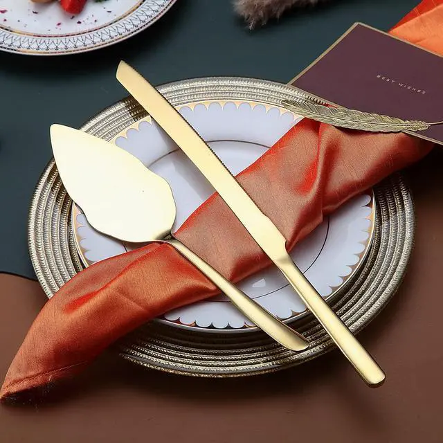 Alt view image 3 of 7 - Gold Wedding Cake Knife and Server Set, Stainless Steel Cake Cutting Set, Include Cake Cutter and Cake Server for Parties, Activities, Family, Dishwasher Safe (Shiny Gold)