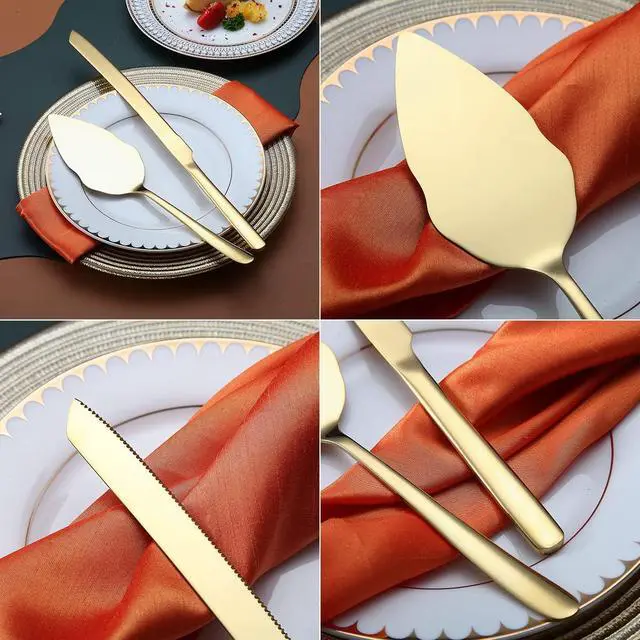 Alt view image 7 of 7 - Gold Wedding Cake Knife and Server Set, Stainless Steel Cake Cutting Set, Include Cake Cutter and Cake Server for Parties, Activities, Family, Dishwasher Safe (Shiny Gold)