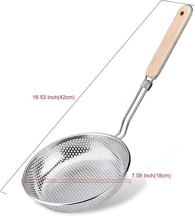 Alt view image 2 of 7 - TENTA TENTA KITCHEN Stainless Steel Micro-Perforated Skimmer Strainer,Pasta Noodle Net Basket with Wooden Handle(25 Ounce)