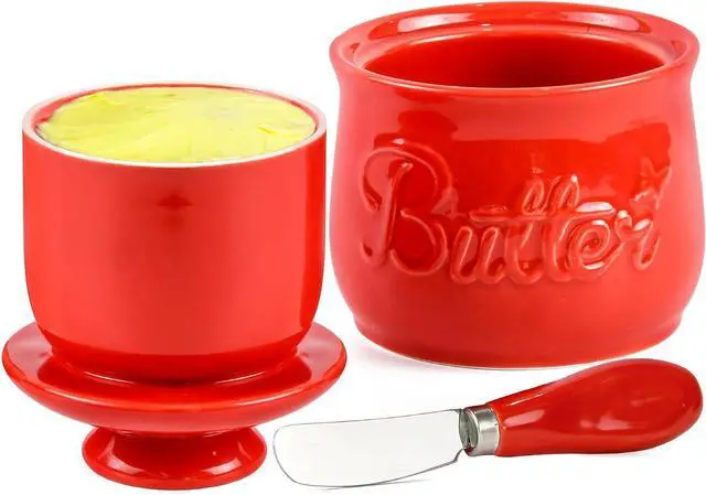 Main image of Red Butter Crock & Stainless Steel Spreader Knife Set French Butter Keeper with Water Line, Countertop Butter Dish Lead-Free Porcelain, Dishwasher-Safe, Vibrant Red