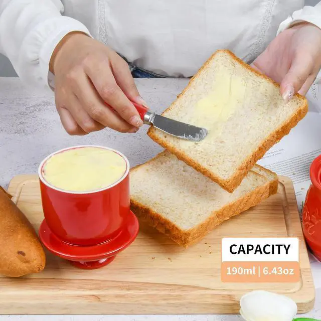 Alt view image 2 of 7 - Red Butter Crock & Stainless Steel Spreader Knife Set French Butter Keeper with Water Line, Countertop Butter Dish Lead-Free Porcelain, Dishwasher-Safe, Vibrant Red
