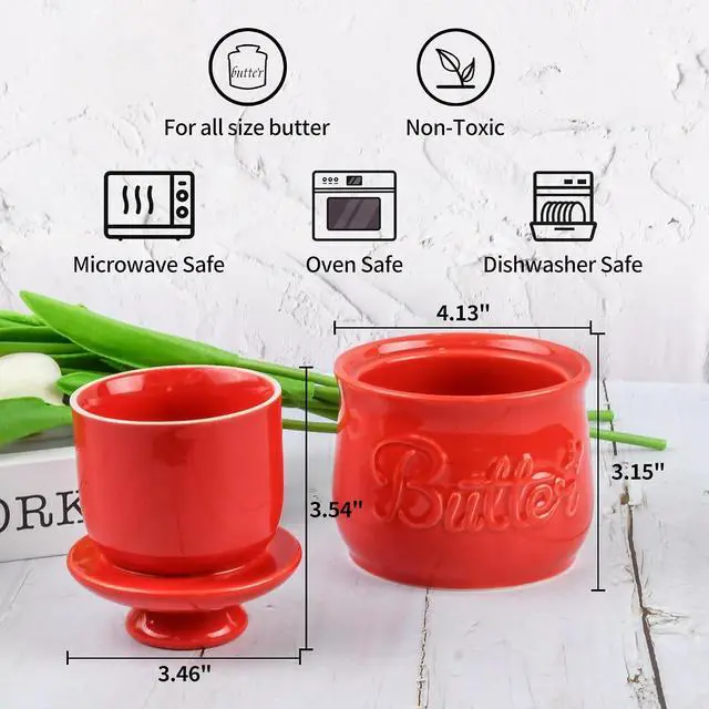 Alt view image 3 of 7 - Red Butter Crock & Stainless Steel Spreader Knife Set French Butter Keeper with Water Line, Countertop Butter Dish Lead-Free Porcelain, Dishwasher-Safe, Vibrant Red