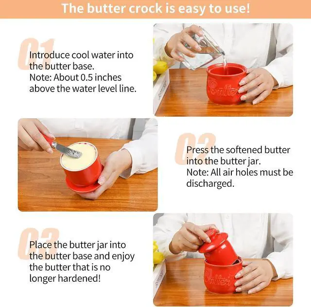 Alt view image 6 of 7 - Red Butter Crock & Stainless Steel Spreader Knife Set French Butter Keeper with Water Line, Countertop Butter Dish Lead-Free Porcelain, Dishwasher-Safe, Vibrant Red