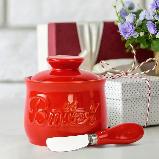 Alt view image 7 of 7 - Red Butter Crock & Stainless Steel Spreader Knife Set French Butter Keeper with Water Line, Countertop Butter Dish Lead-Free Porcelain, Dishwasher-Safe, Vibrant Red