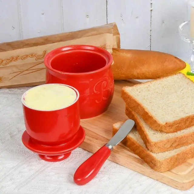Alt view image 5 of 7 - Red Butter Crock & Stainless Steel Spreader Knife Set French Butter Keeper with Water Line, Countertop Butter Dish Lead-Free Porcelain, Dishwasher-Safe, Vibrant Red