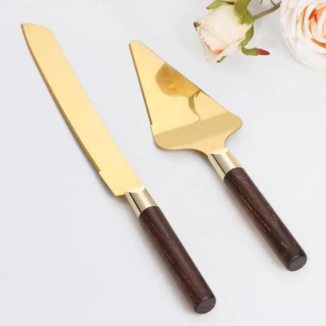 Main image of Gold Cake Cutting Set for Wedding, Wood Cake Knife and Server Set, Vintage 2-Piece Pie Cutter Set, Serrated Pizza Dessert Utensils, Bridal Birthday Quinceañera Gift (Walnut color)