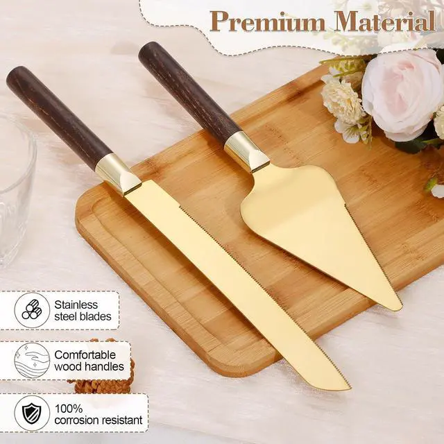 Alt view image 3 of 6 - Gold Cake Cutting Set for Wedding, Wood Cake Knife and Server Set, Vintage 2-Piece Pie Cutter Set, Serrated Pizza Dessert Utensils, Bridal Birthday Quinceañera Gift (Walnut color)