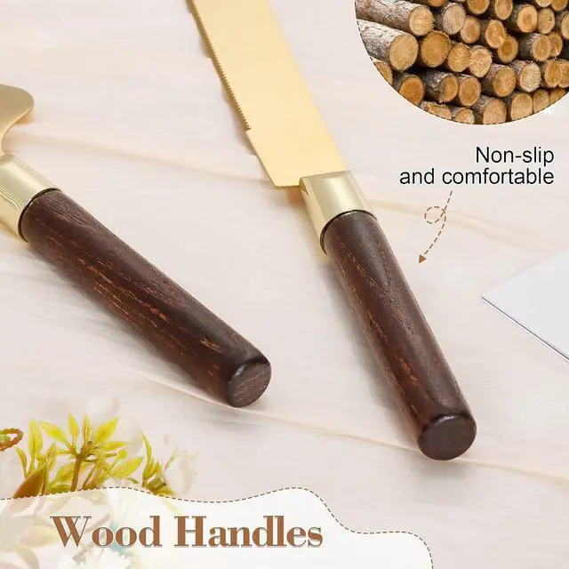 Alt view image 5 of 6 - Gold Cake Cutting Set for Wedding, Wood Cake Knife and Server Set, Vintage 2-Piece Pie Cutter Set, Serrated Pizza Dessert Utensils, Bridal Birthday Quinceañera Gift (Walnut color)