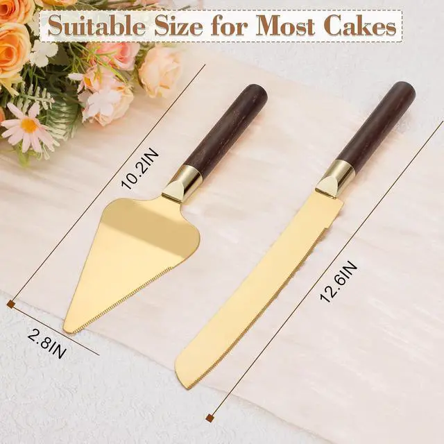 Alt view image 6 of 6 - Gold Cake Cutting Set for Wedding, Wood Cake Knife and Server Set, Vintage 2-Piece Pie Cutter Set, Serrated Pizza Dessert Utensils, Bridal Birthday Quinceañera Gift (Walnut color)