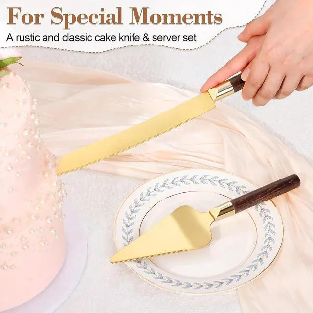 Alt view image 2 of 6 - Gold Cake Cutting Set for Wedding, Wood Cake Knife and Server Set, Vintage 2-Piece Pie Cutter Set, Serrated Pizza Dessert Utensils, Bridal Birthday Quinceañera Gift (Walnut color)