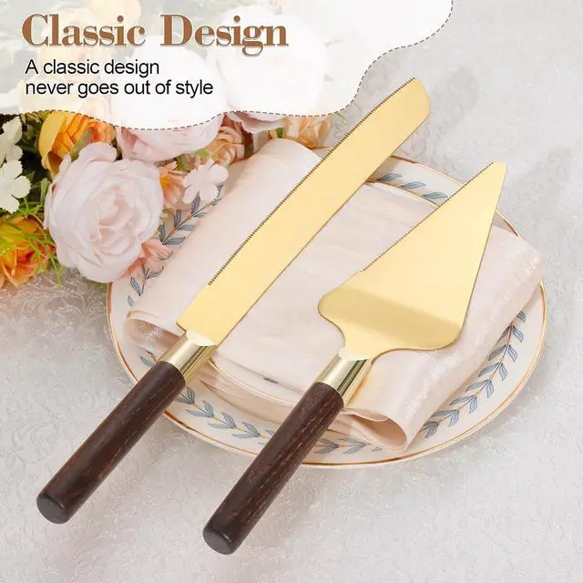 Alt view image 4 of 6 - Gold Cake Cutting Set for Wedding, Wood Cake Knife and Server Set, Vintage 2-Piece Pie Cutter Set, Serrated Pizza Dessert Utensils, Bridal Birthday Quinceañera Gift (Walnut color)