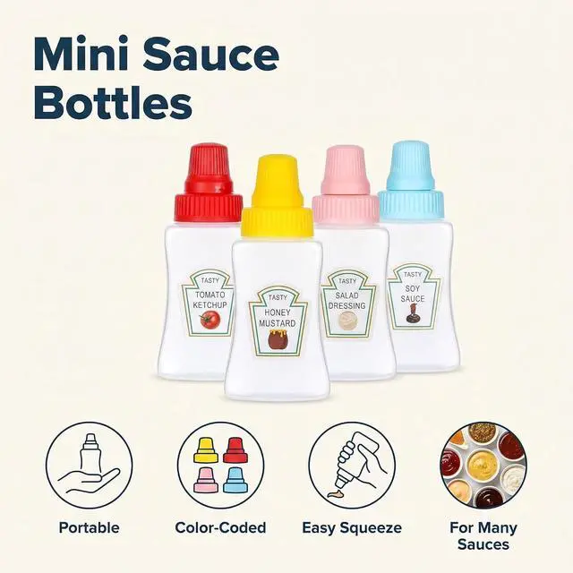Alt view image 4 of 7 - 4 Pcs 25ml Mini Ketchup Bottles, Mini Condiment Squeeze Plastic Sauce Bottles Containers Empty Ketchup and Mustard Syrup Dispenser