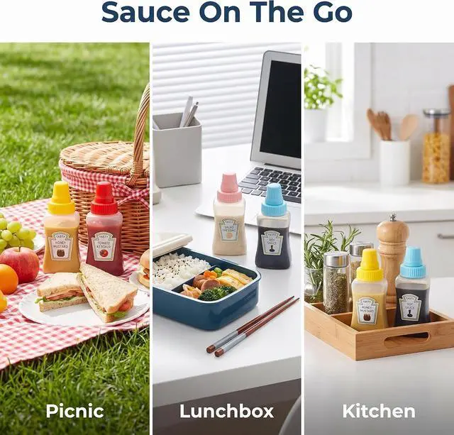 Alt view image 5 of 7 - 4 Pcs 25ml Mini Ketchup Bottles, Mini Condiment Squeeze Plastic Sauce Bottles Containers Empty Ketchup and Mustard Syrup Dispenser