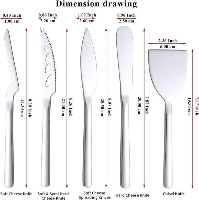 Alt view image 2 of 7 - Berglander Cheese Knife Set of 5 for All Types of Cheese, Stainless Steel Cheese Cutter Slicer Ergonomic Design for Confortable Grip and Cut, Butter Spreader Knife
