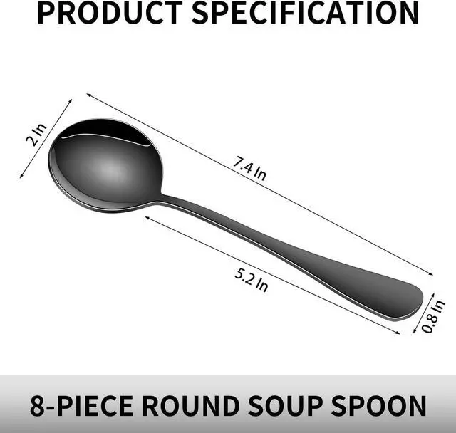 Alt view image 2 of 6 - 8-Piece Black Soup Spoons Set, 7.4 Inch Modern Stainless Steel Round Spoon For Kitchen, Mirror Polished Black Silverware Spoons for Ramen & Cereal