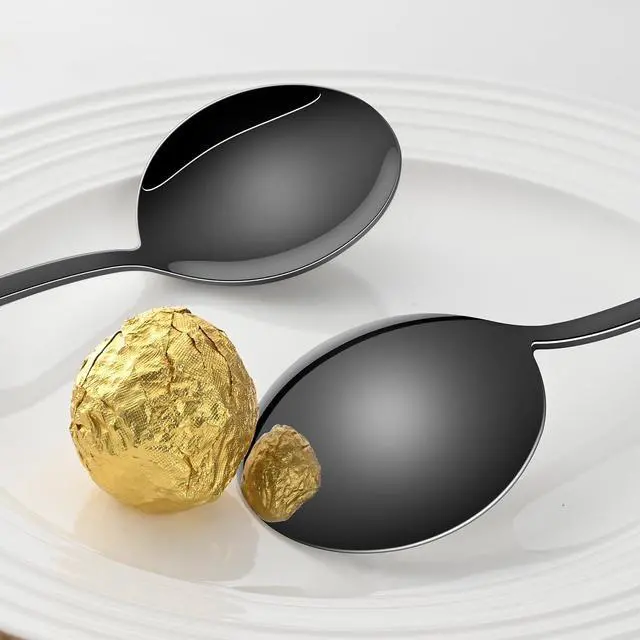 Alt view image 3 of 6 - 8-Piece Black Soup Spoons Set, 7.4 Inch Modern Stainless Steel Round Spoon For Kitchen, Mirror Polished Black Silverware Spoons for Ramen & Cereal
