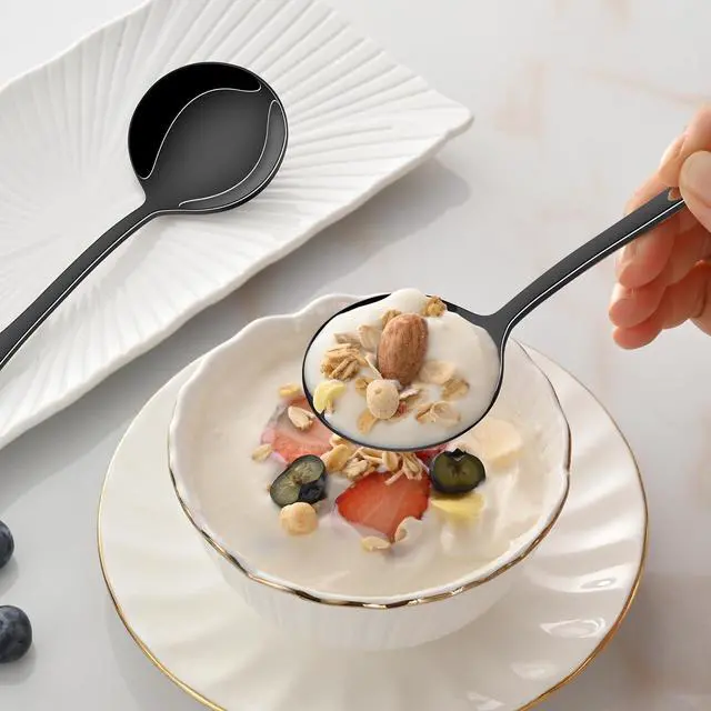 Alt view image 5 of 6 - 8-Piece Black Soup Spoons Set, 7.4 Inch Modern Stainless Steel Round Spoon For Kitchen, Mirror Polished Black Silverware Spoons for Ramen & Cereal