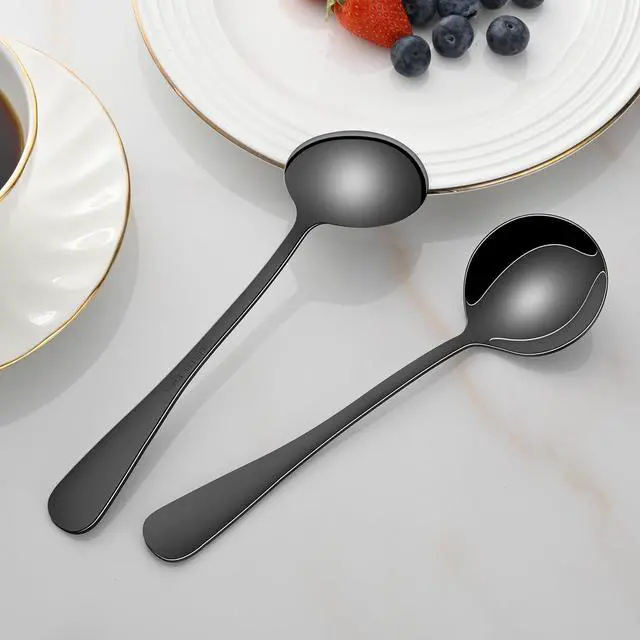Alt view image 4 of 6 - 8-Piece Black Soup Spoons Set, 7.4 Inch Modern Stainless Steel Round Spoon For Kitchen, Mirror Polished Black Silverware Spoons for Ramen & Cereal