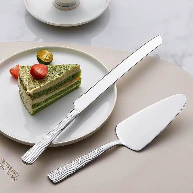 Alt view image 6 of 6 - Silver 2-Piece Stainless Steel Cake Cutter Set with Pattern Handle