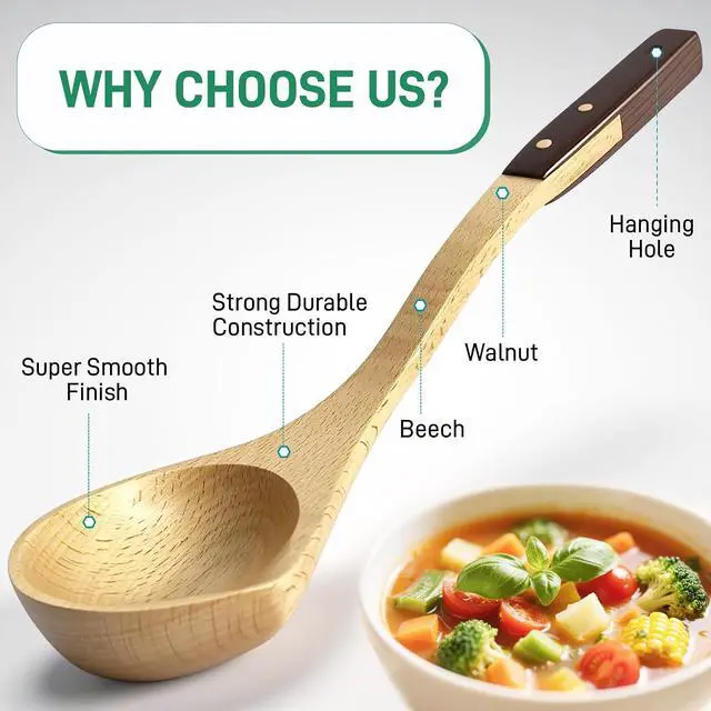 Alt view image 2 of 7 - Wooden Soup Ladle, Beech & Walnut Handle Kitchen Utensil for Serving