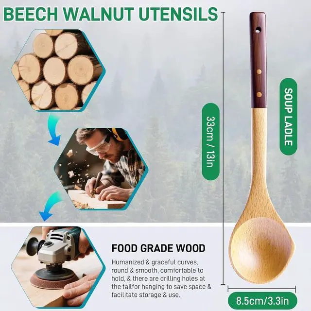 Alt view image 3 of 7 - Wooden Soup Ladle, Beech & Walnut Handle Kitchen Utensil for Serving