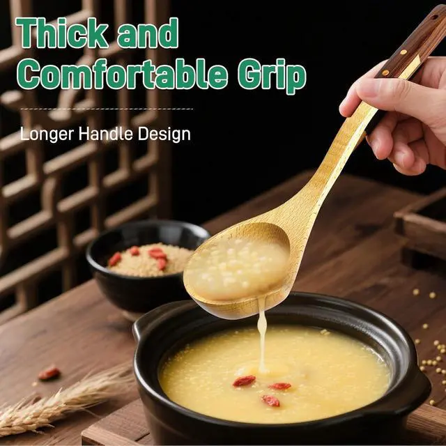 Alt view image 5 of 7 - Wooden Soup Ladle, Beech & Walnut Handle Kitchen Utensil for Serving