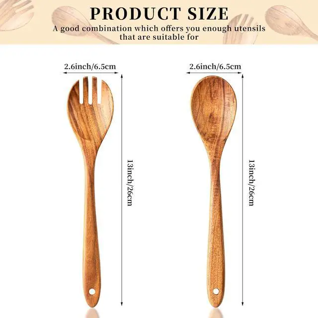 Alt view image 2 of 7 - Gudamaye Acacia Wooden Salad Server Set,13 inch Salad Tongs for Serving including Salad Mixing Dinner Fork and Spoon,Long Handle Salad Server Set