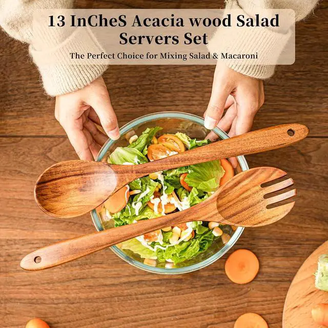 Alt view image 4 of 7 - Gudamaye Acacia Wooden Salad Server Set,13 inch Salad Tongs for Serving including Salad Mixing Dinner Fork and Spoon,Long Handle Salad Server Set