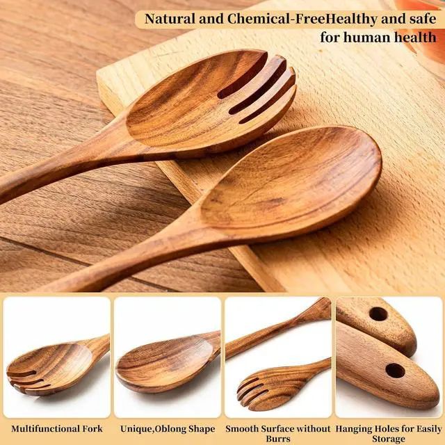 Alt view image 3 of 7 - Gudamaye Acacia Wooden Salad Server Set,13 inch Salad Tongs for Serving including Salad Mixing Dinner Fork and Spoon,Long Handle Salad Server Set