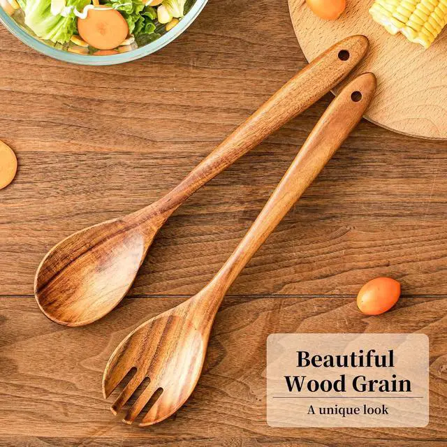 Alt view image 5 of 7 - Gudamaye Acacia Wooden Salad Server Set,13 inch Salad Tongs for Serving including Salad Mixing Dinner Fork and Spoon,Long Handle Salad Server Set