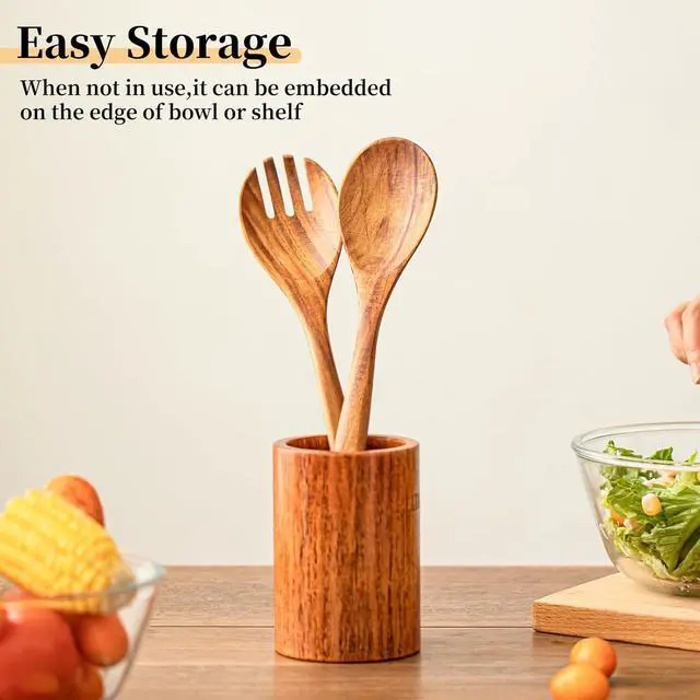 Alt view image 6 of 7 - Gudamaye Acacia Wooden Salad Server Set,13 inch Salad Tongs for Serving including Salad Mixing Dinner Fork and Spoon,Long Handle Salad Server Set