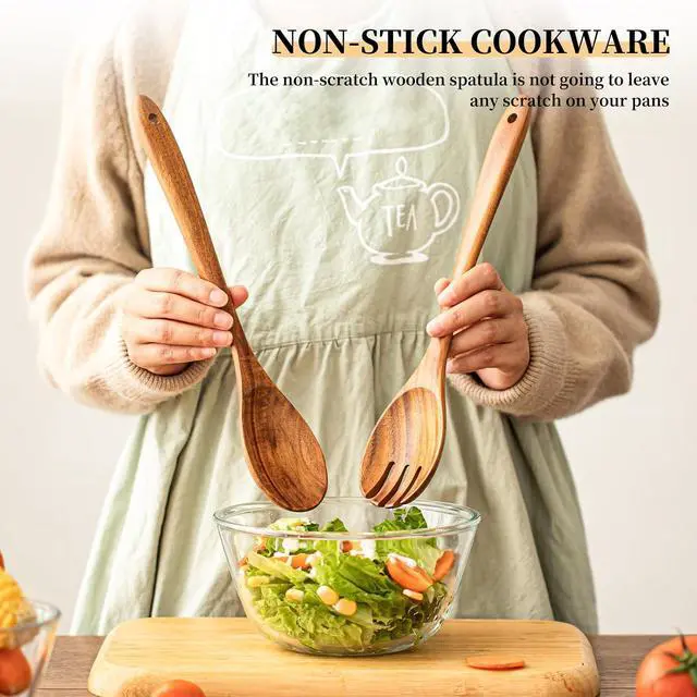 Alt view image 7 of 7 - Gudamaye Acacia Wooden Salad Server Set,13 inch Salad Tongs for Serving including Salad Mixing Dinner Fork and Spoon,Long Handle Salad Server Set