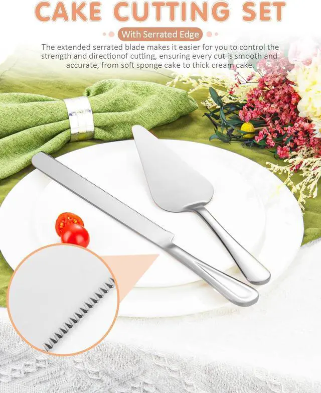 Alt view image 3 of 6 - 13-Inch Premium Cake Cutting Set for weddingExquisite Cake Knife and Server Set with Serrated Design, Ideal for Pastries, Pies, and Desserts (Silver)
