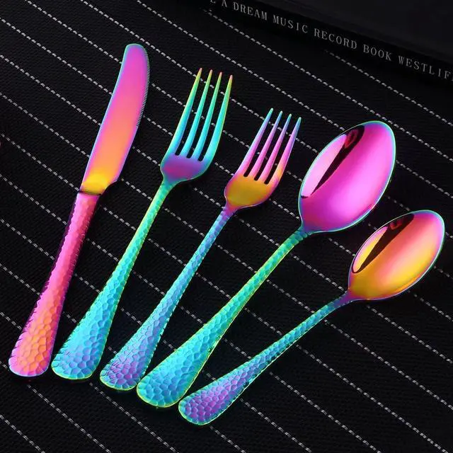 Alt view image 2 of 7 - 5-Piece Rainbow Silverware Flatware Set Service for 1 Stainless Steel Cutlery Set Include Dinner Knife Table Fork Table Spoon Salad Fork Tea Spoon for Wedding, Dishwasher Safe