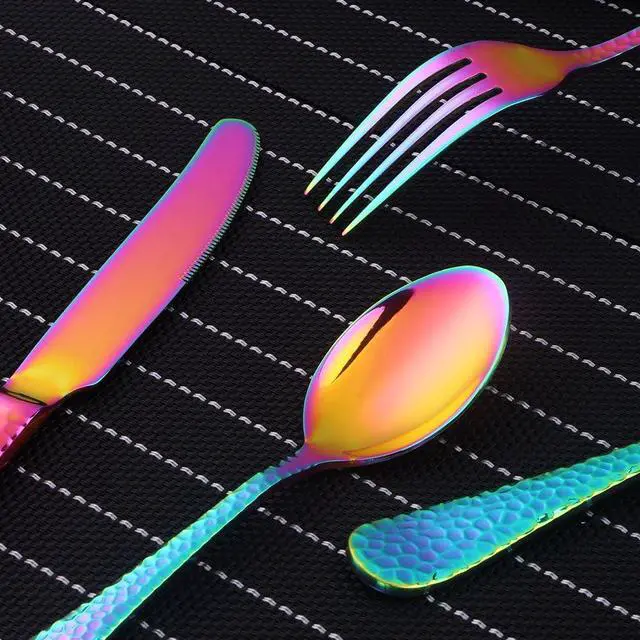 Alt view image 3 of 7 - 5-Piece Rainbow Silverware Flatware Set Service for 1 Stainless Steel Cutlery Set Include Dinner Knife Table Fork Table Spoon Salad Fork Tea Spoon for Wedding, Dishwasher Safe
