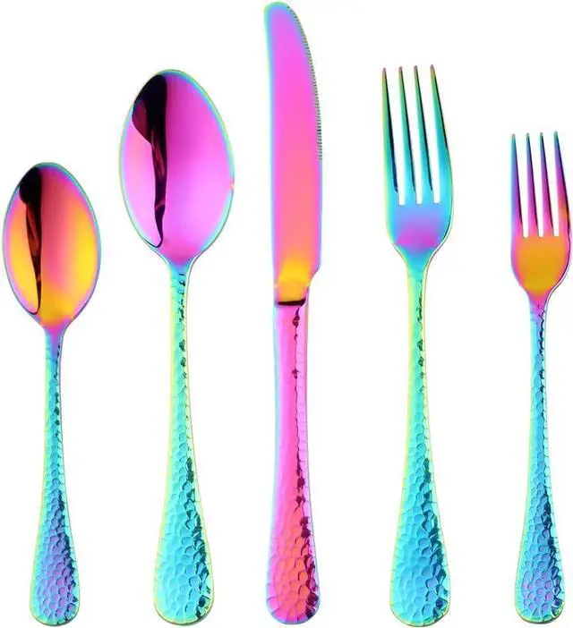 Main image of 5-Piece Rainbow Silverware Flatware Set Service for 1 Stainless Steel Cutlery Set Include Dinner Knife Table Fork Table Spoon Salad Fork Tea Spoon for Wedding, Dishwasher Safe