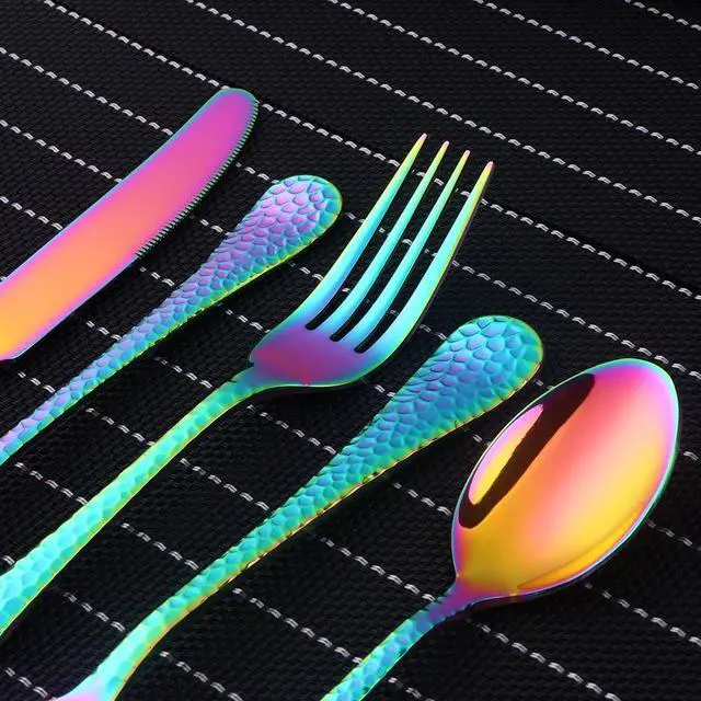 Alt view image 6 of 7 - 5-Piece Rainbow Silverware Flatware Set Service for 1 Stainless Steel Cutlery Set Include Dinner Knife Table Fork Table Spoon Salad Fork Tea Spoon for Wedding, Dishwasher Safe
